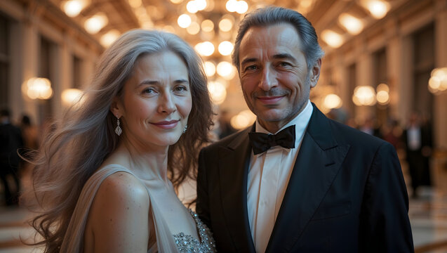 Portrait 60 year old woman 65 year old man gala event evening wear elegant gown tailored tuxedo smiling opulent ballroom golden lighting classic sophisticated luxury generative AI