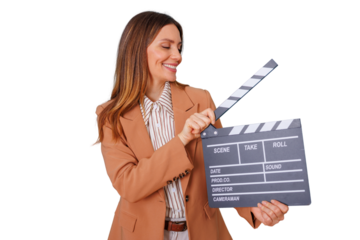 Woman director holding a clapperboard, smiling, making movie and video production, transparent background