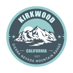 Kirkwood ski resort, California, Sierra Nevada  USA, emblem with snow-covered mountains, vector