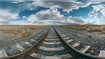 Railway tracks stretching into the distance under a cloudy sky convey a sense of infinity and travel, making them an excellent backdrop for motivational posters or tourist brochures.