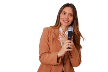Confident woman speaking into microphone, engaging audience in public presentation, feeling gratitude and appreciation, transparent background