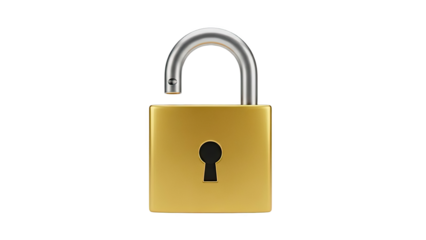 Open golden padlock with a silver shackle on transparent background