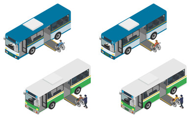 Isometric illustration: bus and wheelchair set