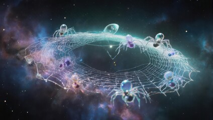 Cosmic Spider Web Constellation with Ethereal Spiders in Nebula.