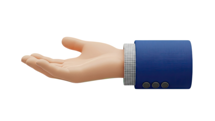 Open hand in a suit sleeve offering something on transparent background