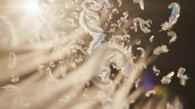 Floating feathers in the air with sunlight creating a beautiful scene.