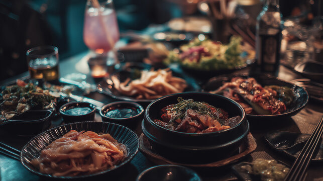 modern korean cuisine table, gourmet korean side dishes, traditional banchan dining
