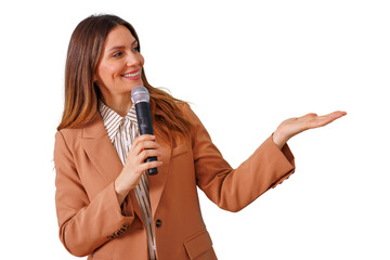 Woman presenter holding microphone and hand presenting concept, smiling speaker talking during...