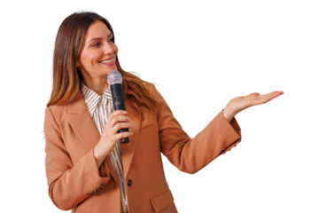 Woman presenter holding microphone and hand presenting concept, smiling speaker talking during business event, transparent background