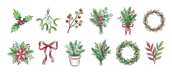 Set of hand-drawn Christmas botanical illustrations featuring holly, mistletoe, wreaths, poinsettia, and festive bouquets in a charming watercolor sketch style for seasonal design