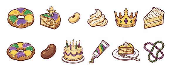 Collection of hand-drawn Mardi Gras illustrations featuring a festive King Cake, a golden crown, colorful beads, and other sweet treats for a vibrant carnival celebration