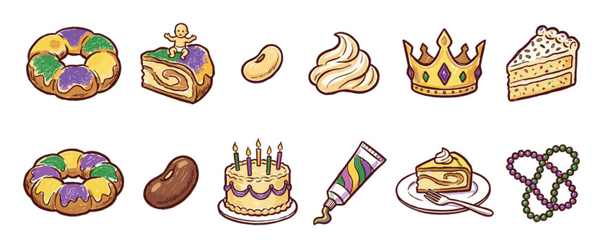 Collection of hand-drawn Mardi Gras illustrations featuring a festive King Cake, a golden crown, colorful beads, and other sweet treats for a vibrant carnival celebration