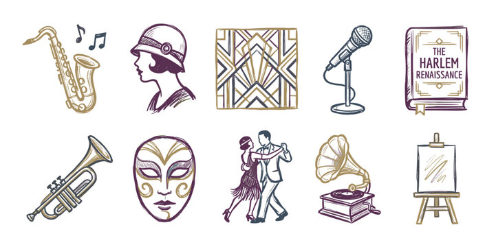 Collection of hand-drawn icons representing the cultural movement of the roaring twenties with jazz music, art deco patterns, dancing, and literature symbols in a vintage sketch style