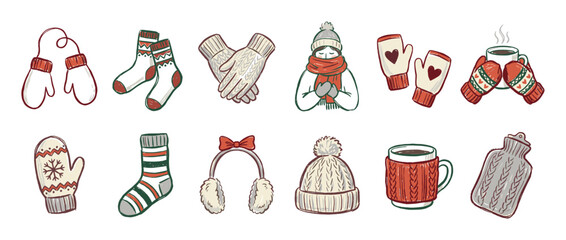 Set of hand-drawn winter clothing illustrations featuring cozy mittens, warm socks, a knitted hat, earmuffs, and a hot drink in a charming, sketchy doodle style for a warm hygge feeling