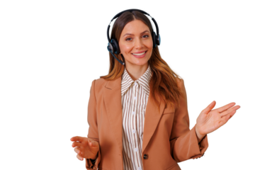 Young businesswoman with headset smiling at camera, offering online help and advice, representing client communication and sales support