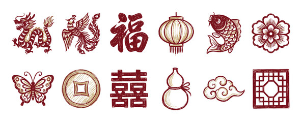 Set of traditional Chinese cultural symbols including a dragon, phoenix, lantern, and koi fish, illustrated in a hand-drawn, vintage woodblock print style with red and gold colors
