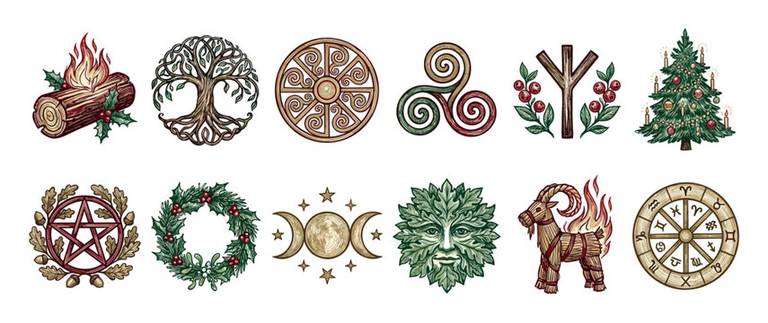 Set of colorful pagan Yule celebration symbols featuring a burning log, Celtic Tree of Life, triple moon, and Green Man in a detailed, hand-drawn vintage illustration style