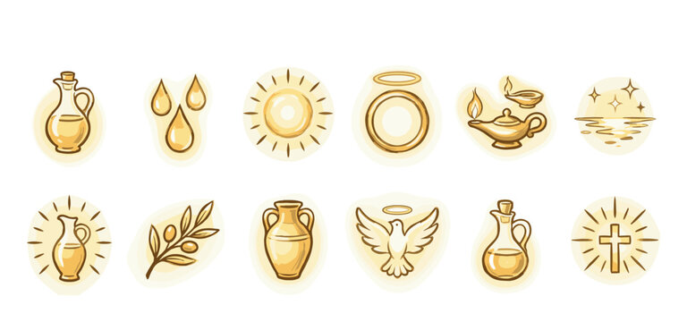 Set of golden biblical icons illustrated in a sketchy style, depicting a cross, dove, anointing oil, lamp, halo, and other sacred Christian symbols of faith