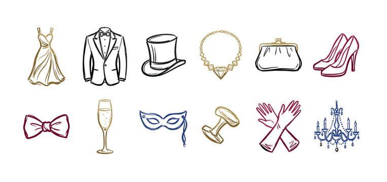 Set of elegant gala night icons featuring a dress, tuxedo, mask, and champagne, hand-drawn in a colorful, sketchy illustration style for a formal celebration