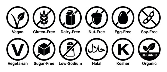 Set of black food dietary restriction icons and allergen-free symbols for product packaging, including vegan, gluten-free, organic, halal, and kosher certification marks