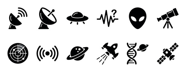 Set of black glyph icons for space exploration and extraterrestrial intelligence themes, including a UFO, alien head, satellite dish, telescope, radar, and DNA for science fiction concepts