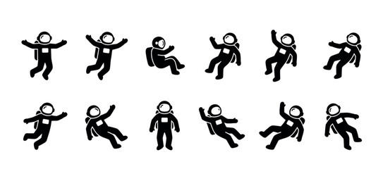 Collection of black astronaut silhouettes in various floating and standing poses, representing space exploration and zero gravity in a simple graphic icon set
