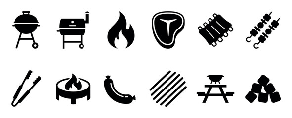Set of black barbecue and grilling icons featuring a grill, smoker, steak, ribs, sausage, and kebab in a minimalist glyph style representing a summer cookout and picnic