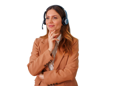 Businesswoman wearing headset, thinking and planning strategy during a professional call, transparent background - Powered by Adobe