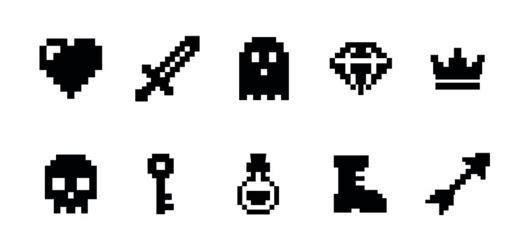 Collection of black 8-bit pixel art game icons featuring fantasy and RPG elements like a sword, skull, key, potion, ghost, heart, crown, gem, boot, and arrow