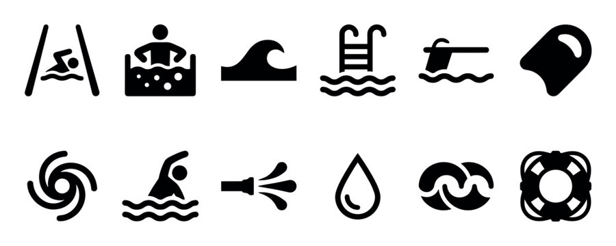 Set of black swimming pool icons featuring twelve minimalist glyphs for water activities, safety equipment, and aquatic elements in a simple, modern graphic design