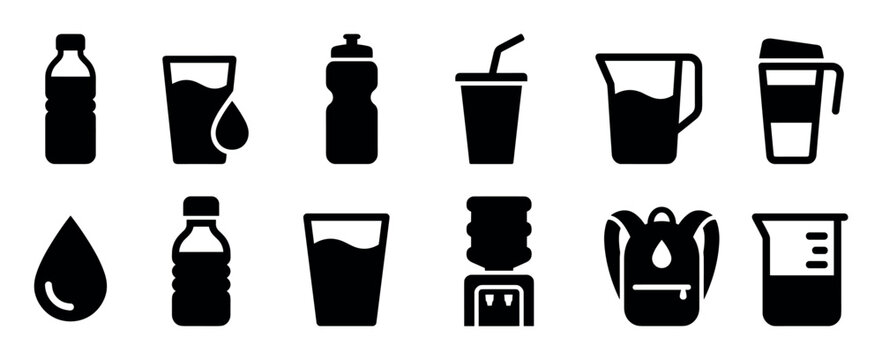 Black water container and hydration icon set including a bottle, glass, sports flask, cooler, pitcher, travel mug, and drop symbol in a simple minimalist glyph style illustration