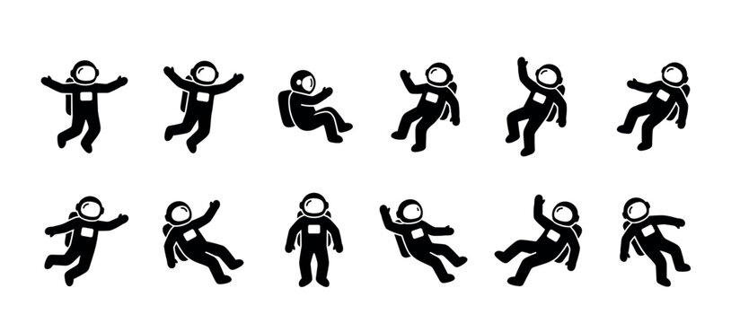 Collection of black astronaut silhouettes in various floating and standing poses, representing space exploration and zero gravity in a simple graphic icon set