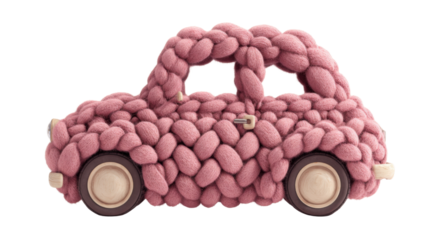 Pink knitted car, handmade soft chunky wool vehicle for children, baby toy, craft, isolated on transparent background