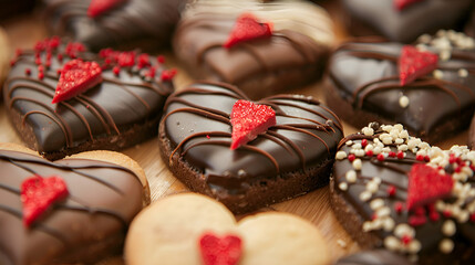 Delicious heart-shaped chocolate desserts with strawberries and sprinkles