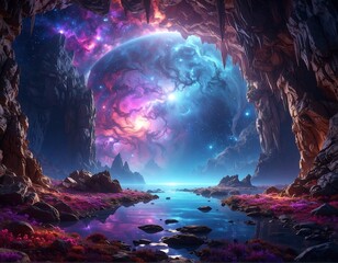 Cave view of cosmos reflected in water, colorful plants. Fantasy scene