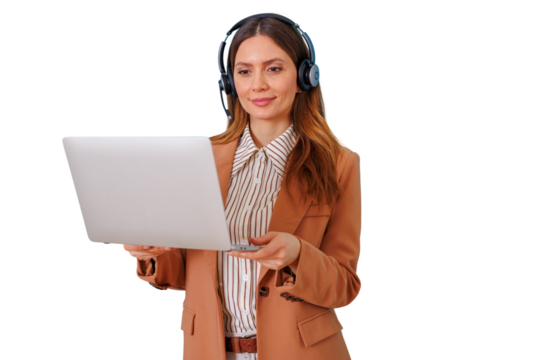 Professional businesswoman in headset making video call with laptop, providing remote support service, transparent background - Powered by Adobe