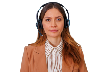 Woman wearing headset providing customer service and technical support, working as online consultant on transparent background