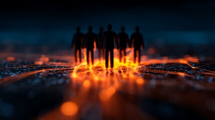 A group of silhouetted figures stands against a backdrop of glowing, abstract lines, suggesting themes of connection and technology.