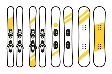 Collection of skis and snowboards with yellow accents