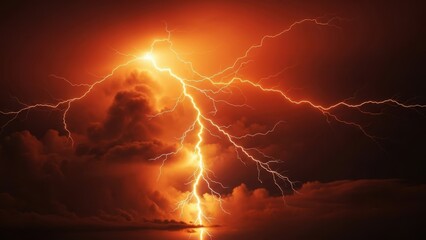 Dramatic lightning storm with bright orange flash