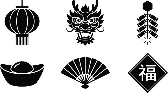 Chinese New Year Silhouette Icon Set of 6. Traditional Lunar New Year symbols isolated on white background including dragon head, lantern, firecracker, gold ingot, folding fan, and fortune Fu cha