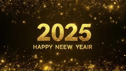 Golden “2025 HAPPY NEEW YEAR” text on black background with glitter and sparkles, celebrating the New Year in a bold, festive style.