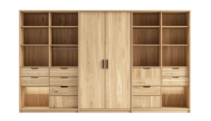 Light wood closet with shelves, drawers, and doors
