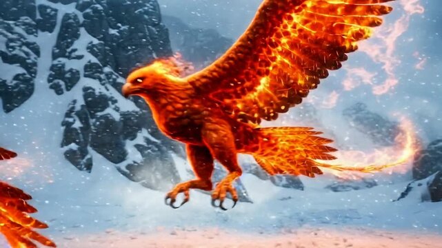 Three mythological Phoenix birds with fiery wings soaring through a heavy snowstorm in a cold mountain landscape