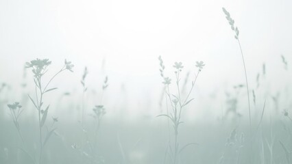 Serene foggy landscape with wildflowers in soft focus