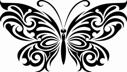 Elegant black butterfly design with swirling patterns on white