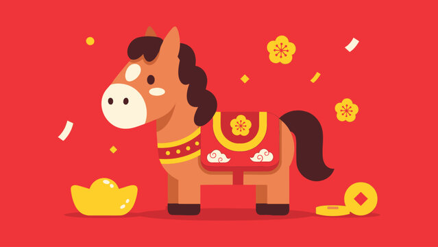 Cute cartoon horse in festive chinese new year decoration style