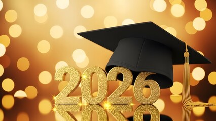 A celebratory graduation scene featuring a black mortarboard and golden 2026 year numerals on a blurred background