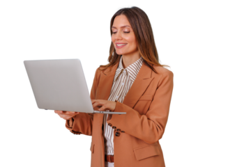 Professional woman smiling, working on laptop, managing business in a modern online environment on transparent background