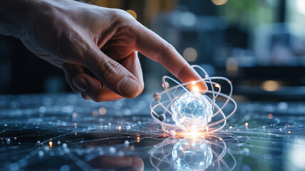 Hand interacting with glowing digital network sphere on futuristic interface